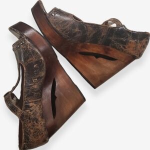 Bed Stu CALLA Brown Leather T-Strap Sandal Teak Lux Cut-out Wooden Wedge